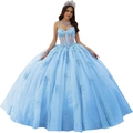 Elegante lichtblauwe Quinceañera-jurk met korsetlijfje en bloemrijke glitter-tule rok - Hemelsblauw / 3XL