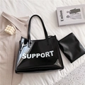 Glossy black transparent jelly tote bag with Support text and inner pouch set - Black