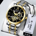 Men's skeleton mechanical watch with stainless steel band and luminous dial - Two-tone Black Dial