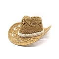 Cappello da cowboy in paglia da donna con motivi traforati e perle per protezione solare - M (56-58cm) / Cachi