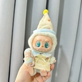 Labubu doll wearing yellow polka dot pajama suit and holding a small brown bear toy - Blue And Yellow Baby Sleepy Three-piece Set / First And Second Generation Keychains Are Compatible With La Cloth Dolls. Dolls Not Included.
