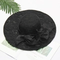 Elegant black lace summer sun hat for women with oversized mesh bow decoration - Leaf Black