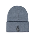 Detail of blue knitted beanie featuring a black embroidered skull gesture on the front cuff - M (56-58cm) / Gray