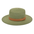 Detail of sage green straw hat with fine weave, brown leather band and golden metal stud - M (56-58cm) / Army Green