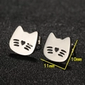 Minimalist cat shaped stainless steel stud earrings with heart cutout design, 11mm width - Cat / Steel