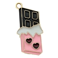Pink chocolate heart pendant with gold rim and red hearts for DIY jewelry making - 1Pc Chocolate Shape 25x14mm