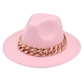 Detailed view of pink fedora felt hat featuring a chunky rose gold chain link trim - Pink