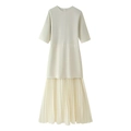 Women's cream knit patchwork long sleeve dress with pleated chiffon skirt for early spring - S / Beige