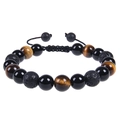 Detailed close-up of tiger eye and lava stone beads with adjustable woven cord - Tiger Eye Bracelet