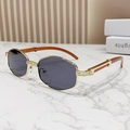 Vintage Metall-Sonnenbrille in Gold mit Holzmaserung Bügeln und grauen Gläsern - Goldrahmen Schwarzgrau