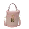 Pink patchwork bucket bag with woven texture, silk scarf handle, and adjustable shoulder strap - Pink