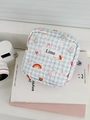 Blauw en wit geruit regenboog mini zakje voor cosmetica en munten met berenpatroon - Regenboog Ruitjes Opbergtas