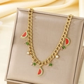 Golden watermelon charm necklace with colorful beads and crystals on display - Watermelon Slice Style (KN293098-SXSJ)