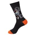 Halloween crew socks featuring black and orange patterns of skulls and tombstones - 1390-Black Tombstone