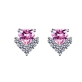 Close-up of pink heart-shaped zirconia earrings with V-shaped diamond accents and silver base - Pink Heart Stud Earrings (ED21)