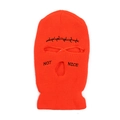 Detail of orange knitted balaclava with NOT and NICE embroidery and barbed wire design - Neon Orange