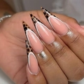 Uñas postizas stiletto largas con puntas francesas de leopardo y base color nude - Tipo de Pegamento / Estilo Francés de Leopardo(CJCY-629)