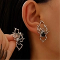 Silver spider earrings with black center gemstone in gothic halloween style - Large White K Black Gem (White K Large 9299)