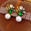 Vintage luxury gold drop earrings with multi-color rhinestones and large white pearls - Multi-Gemstone Pearl Drop Earrings (37#)