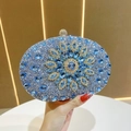 Luxurious light blue crystal evening clutch bag with sparkling navy rhinestone flower pattern - Sky Blue