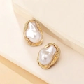Baroque style gold-plated stud earrings with irregular white pearls on a display stand - Baroque Gold Edge Pearl Style (WEH6018)