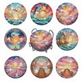 Set of 8 round diamond painting coasters with beach scenery and black metal holder - Sunset Seascape Style
