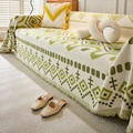 Crème en groene chenille sofa deken met geometrische patronen en kwastjes rand - 180x150cm / Groen