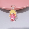 Cute acrylic cartoon girl keychain with metal ring on a pink background - Pink Dress Girl (With Lobster Clasp)