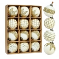 Set of 12 cream Christmas balls with gold glitter patterns in 4 elegant styles - 8cm / Set of 12 / Beige