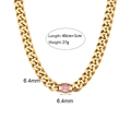6.5mm gold Cuban chain necklace with pink zircon center and 18K gold plating on stainless steel - Gold Cuban Chain Round Zircon Necklace - Pink Zircon