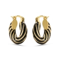 Chic black and gold enamel twisted spiral hoop earrings with secure clicker closure - Black