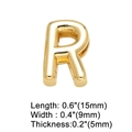 Detailed view of gold plated letter R charm with dimensions 15mm by 9mm and 5mm thickness - Letter R