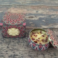 Soy wax scented candle in mandala tin with dried petals and gift box on wooden surface - Bluebell (Tin)
