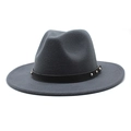 Dark grey wool fedora hat with black leather rivet band and wide flat brim design - M (56-58cm) / Dark Gray