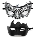 Set de dos máscaras de mascarada negras en metal calado con diamantes de imitación y purpurina - Cuerno de Toro Noche Estrellada - Conjunto Negro de Hierro