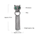 Elegant cheetah brooch with green rhinestone eyes and long metallic silver tassels - Leopard Head Tassel Style (QT0126)