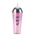 Pink holographic leopard print 24oz double wall straw tumbler with dome lid - Style K/Pink Texture Good Vibes