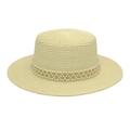 Beige flat top straw sun hat featuring elegant triple-row pearl wrap decoration - M (56-58cm) / Cream