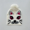 Detailed knit texture of white cat beanie with large pom-pom and cute embroidery - White / Under 7 Years