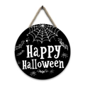 Detail of round wooden Halloween sign with Happy Halloween text and hanging jute rope - Style D-Happy Halloween Spider Pattern