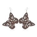 Detailed view of dark brown wooden butterfly earrings with silver hooks on white background - Style 32
