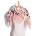 Triangle plaid scarf in pink, beige, and brown with soft fringe accents - Light Pink Plaid