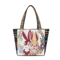 Sac fourre-tout en toile de style ethnique avec motif lapin et anses géométriques tissées - Lapin de Couple Double Face