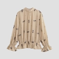 Women's floral sequin top with stand collar and beige chiffon long sleeves - XS