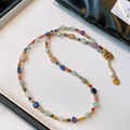 Handmade colorful beaded necklace with natural tiger eye and faceted stones in gold finish - Light Agate Slices Necklace XL0680