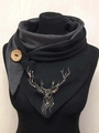 Women's black thermal scarf with golden stag motif and large round wooden button - 9-Rhinestone Stag