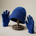 Royal blue knitted chenille winter hat and touch-screen gloves set with shield patch - One Size / Blue