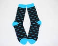 Detailed view of men's crew socks featuring a bright blue mustache pattern on black fabric - One Size / Mustache Pattern (A156)
