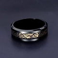 Men's black titanium steel ring with gold Celtic dragon inlay and polished beveled edges - Black Plated Black Gold Dragon