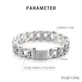 Macro shot of stainless steel Cuban chain bracelet with cubic zirconia and 215x14mm dimensions - Standard Mirror Buckle Style (KB157831-KJX) / 215mm x 14mm